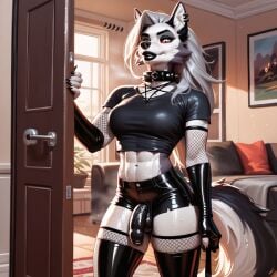 ai_generated anthro balls black_penis elbow_gloves flaccid_penis foreskin furry futanari latex leash_and_collar living_room loona_(helluva_boss) penis shorts thighhighs