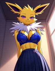 ai_generated big_breasts blue_bra blue_skirt breasts cleavage eeveelution female female_focus female_only furry jolteon kemonogirls large_breasts nintendo pleated_skirt pokemon pokemon_(species) purple_eyes school_uniform solo two_tone_body two_tone_fur white_fur yellow_fur