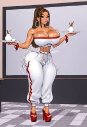 2d_(artwork) ai_art ai_generated asian asian_female bangs bimbo bimbo_body bimbo_lips breasts_bigger_than_head brown_hair green_eyes megha_luxe oc original_character phat_ass platform_heels restaurant sweatpants top_heavy tubetop