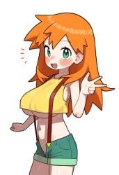 :d ai_generated asymmetrical_hair bangs bare_shoulders blush breasts clothing crop_top denim denim_shorts female female female_only green_eyes green_shorts gym_leader high_resolution kasumi_(pokemon) kasumi_(pokemon) large_breasts long_hair looking_at_viewer midriff navel notice_lines open-mouth_smile open_fly open_mouth orange_hair pokemon pokemon_character ponytail shirt short_shorts shorts side_ponytail sleeveless sleeveless_shirt smile solo suspender_shorts suspenders tank_top thick_thighs thighs tied_hair underboob unzipped vagina_peek w yellow_shirt yellow_tank_top