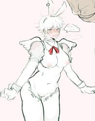 akoku alternate_costume blush breasts_out bunny_ears canon_genderswap choker cleavage embarrassed english_text female female_only full-face_blush functionally_nude genderswap_(mtf) ginko_sakata gintama gintoki_sakata medium_breasts restricted_palette reverse_bunnysuit rule_63 short_hair smile solo very_short_hair wings