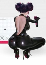 1girls black_hair bodysuit cleavage goddess_of_victory:_nikke huge_ass latex light-skinned_female light_skin quency_(nikke) shorter_than_30_seconds solo squatting tagme vertical_video video weapon