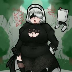 1girls bbw belly big_belly big_breasts blindfold breasts chubby clothed clothing english_text fat female female_focus hairband light-skinned_female light_skin nier nier:_automata overweight pod_(nier) realisticdino short_hair text thighhighs white_hair yorha_2b