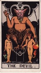 1910 20th_century 2_horns 5_fingers ancient_art avian back_wings balls baphomet_(deity) bat_wings beard belly border bovid breasts caprine caprine_demon card card_template casual_nudity chained chains chimera crouching deity demon demon_humanoid english_text european_mythology eyebrows facial_hair featureless_crotch feet female fingers fire flaccid genitals goat_demon greek_mythology group hair hand_on_hip harpy hi_res holding_object holding_torch horn horned_humanoid humanoid looking_at_viewer major_arcana male mammal medium_breasts membrane_(anatomy) membranous_wings monster mouth_closed mythological_avian mythological_creature mythology navel nightmare_husbando nipples occult_symbol pamela_colman_smith penis pentagram public_domain red_hair roman_numeral slightly_chubby standing symbol tail tailed_humanoid talons tan_body tan_skin tarot tarot_card text the_devil_(tarot) toes torch traditional_media_(artwork) trio white_border winged_humanoid wings