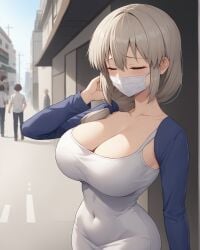 1girls ai_generated blush breasts cleavage closed_eyes collarbone covered_navel curvy dongtan_dress female grey_hair hair_between_eyes hair_over_shoulder hand_behind_head hips huge_breasts large_breasts long_hair mask mature_female milf notreallyhere scrunchie shrug_(clothing) sidelocks solo street surgical_mask tight_clothing uzaki-chan_wa_asobitai! uzaki_tsuki walking