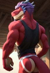 ai_generated anthro anthro_male ass back biceps blue_eyes dragon furry gay jockstrap jockstrap_only long_(wish_dragon) looking_at_viewer looking_back male male_only muscular muscular_male purple_hair tank_top toned_body toned_male twall97 wish_dragon