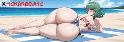 ai_generated american_flag_bikini angry_face banner beach beach_towel big_ass big_butt bikini blush bubble_butt looking_at_viewer massive_ass presenting_ass tatsumaki watermark wide_hips