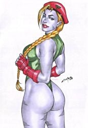 2024 armwear artist_signature ass back_view beret big_ass blonde_hair blue_eyes braided_hair cammy_white capcom carlos_braga deviantart_link ed_benes_studio female green_clothing green_leotard large_ass leotard looking_at_viewer red_armwear red_beret sleeveless_leotard solo solo_female street_fighter video_game video_game_character white_background