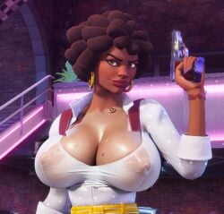 afro ai_assisted ai_generated areolae_visible_through_clothing cavaliere_(deceive_inc.) cleavage dark_skin deceive_inc. huge_breasts wet_clothing white_shirt