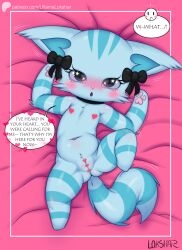 anthro beatcats blue_body blue_fur blush bow_ribbon censored chelsea_(beatcats) dialogue felid feline female fur hi_res lying mammal on_back pawpads pink_pawpads purple_eyes sanrio solo ultama_lokshar_(artist)