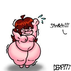 1girls blush brown_hair chubby derp777 dialogue embarrassed fat female friday_night_funkin girlfriend_(friday_night_funkin) naked nude obese pink_skin shortstack stretching sweat tagme text white_background