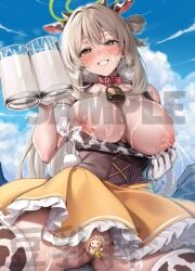 animal_ears animal_print bell blue_archive blue_sky blush breasts breasts_out censored character_censor cloud cow_ears cow_print cup day ebifurya fake_animal_ears female gloves green_eyes grin heart heart-shaped_pupils holding holding_cup lactation large_breasts long_hair looking_at_viewer milk mug neck_bell nipples nonomi_(blue_archive) novelty_censor outdoors sample_watermark sky smile solo symbol-shaped_pupils thighhighs watermark white_gloves