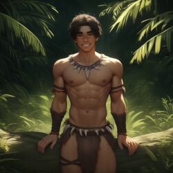 2024 ai_generated avaru brown_hair caveman human human_only jungle loincloth male male_focus male_only navel necklace nipples primal_wilds smile