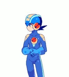 1boy animated blush bodysuit cum cum_in_bodysuit disembodied_hand erection femboy gloves handjob helmet male_only mega_man mega_man_battle_network megaman.exe orgasm orgasm_face penis penis_growth pixel_art standing testicles uncut