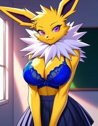 ai_generated big_breasts blue_bra blue_skirt breasts cleavage eeveelution female female_focus female_only furry jolteon kemonogirls large_breasts nintendo pleated_skirt pokemon pokemon_(species) purple_eyes school_uniform solo two_tone_body two_tone_fur white_fur yellow_fur