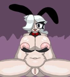 1girls belly big_breasts brawl_stars bunny_ears bunny_girl bunnysuit colette_(brawl_stars) female female female_only nipples pumpkinz6 pussy simple_background solo tongue tongue_out white_hair