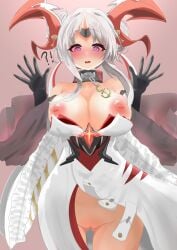 1girls ?! @_@ areolae azur_lane black_gloves blush breasts clothing embarrassed female female_only first_porn_of_character gloves horns huge_breasts kyouhare_chan light-skinned_female light_skin nipples nose_blush pink_eyes pussy sakura_empire_(azur_lane) solo surprised watarase_(azur_lane) white_hair