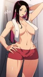 armpits big_breasts black_hair character_request copyright_request covering_breasts erect_nipples looking_at_viewer towel