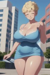 ai_generated big_breasts blonde_hair blue boobs_bigger_than_your_head breasts bythebrokenone cleavage dragon_ball dress huge_boobs mature_woman milf mother panchy panchy_(dragon_ball) panchy_briefs thick_thighs