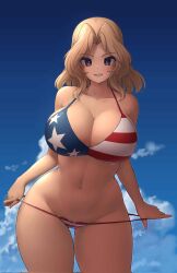 1girls ai_generated american_flag_bikini big_breasts bikini blonde_hair blue_eyes breasts cleavage female female_only gigantic_breasts girls_und_panzer huge_breasts kay_(girls_und_panzer) long_hair looking_at_viewer patriotic_clothing patriotism tagme wide_hips