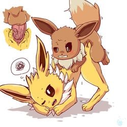 1boy 1girls all_fours ass ass_up blush brown_eyes brown_fur canid canine chest_tuft clenched_teeth clitoris close-up dipstick_tail doggy_style dripping duo eevee eeveelution feet female feral fluffy fluffy_tail from_behind_position fur head_down interspecies jolteon larger_female long_ears male mammal motion_lines multicolored_tail nintendo one_eye_closed open_mouth paws penis pink_penis plattyneko pokémon_(species) pokemon pokemon_(species) pokemon_rgby pussy pussy_juice sex size_difference smaller_male snout straight teeth testicles text thought_bubble tuft video_games watermark wet white_fur yellow_fur