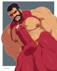 balls bara beard boner cum cum_in_mouth cum_through_clothes erection facial_hair male male_only muscles muscular ne0_navi penis solo solo_male sunglasses