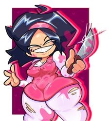 1girls artist_request chubby chubby_female covered_in_blood friday_night_funkin heart huge_ass huge_breasts huge_thighs implied_murder knife layered_clothing nene_(newgrounds) newgrounds only_female overalls pink_clothing ripped_clothing sharp_teeth