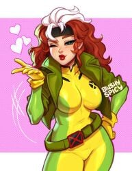 big_eyes blowing_kiss brunette green_eyes hourglass_figure marvel marvel_comics rogue_(x-men) superheroine tagme white_hair_streak x-men