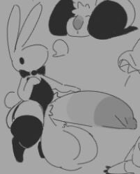 anthro balls big_balls big_penis bow_tie clothing genitals huge_balls huge_cock hyper hyper_balls hyper_genitalia hyper_penis lagomorph leggings legwear low_res male mammal monochrome nekodata penis solo