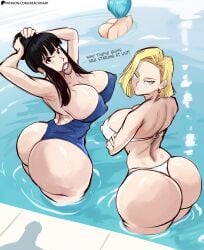 3girls adult adult_female android android_18 angry angry_face arachnart areola areolae bangs big_ass big_breasts bikini bikini_bottom bikini_top black_hair blonde blonde_female blonde_hair blue_eyes blue_hair bulma_briefs chichi cleavage cleavage_cutout dragon_ball dragon_ball_z english_text female female_focus female_only hair_tie huge_ass huge_breasts light-skinned_female light_skin looking_at_viewer milf mother mothers nipple_bulge nipples one-piece_swimsuit pale-skinned_female pale_skin pool round_ass shonen_jump shueisha swimming_pool swimsuit swimwear tagme text tight tight_clothes tight_clothing twitter_link voluptuous voluptuous_female weekly_shonen_jump weekly_shounen_jump wide_hips women