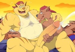 anthro anti_dev backwards_hat balls cat chance_furlong cum cumshot feline gay hanna-barbera jake_clawson junk_yard long_penis male male/male nipple_licking orgasm orgasm_face penis see-through_shirt swat_kats sweat sweaty