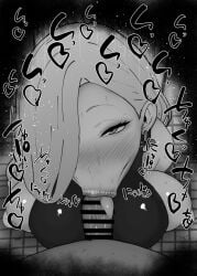 1boy 1girls :>= bare_shoulders big_penis black_and_white blush breasts censored detailed_background dress earrings eyelashes fate/grand_order fate_(series) fellatio female hair_over_one_eye heart hebinyobo_(fate_grand_order) kurotama long_hair looking_at_viewer male male_pov mature milf monocle mother omi-san_(fate) oral oral_sex penis pov room saliva shiny_skin sketch sound_effects squatting straight sweat text tongue tongue_out veiny_penis