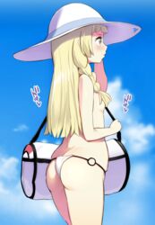 1girls ass back bag bikini bikini_bottom blonde_hair braid breasts butt_crack cloud covered_breasts day duffel_bag female green_eyes hair_over_breasts hat heart human lillie_(pokemon) long_hair nintendo noripachi o-ring_bottom panties pokeball pokemon pokemon_sm shoulder_bag sky small_breasts solo standing sun_hat swimsuit text tied_hair topless twin_braids white_bikini