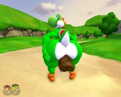 3d_(artwork) about_to_poop anthro ass balls big_butt clothing dinosaur feces footwear genitals grass green_body green_scales green_skin green_yoshi hand_on_butt hi_res huge_butt kanebrentkoopa looking_at_viewer looking_back looking_back_at_viewer male mario_bros nintendo nude penis plant pooping_on_floor prehistoric_species public public_nudity rear_view reptile scales scalie scat scatplay sfm shoes solo source_filmmaker tecbuttlovefa thick_thighs tree wide_hips yoshi yoshi_(character)