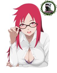 adjusting_glasses arm_under_breasts bra cleavage costume female female_only glasses long_hair looking_at_viewer naruto naruto_(series) naruto_shippuden open_shirt red_eyes red_hair shirt teacher uliyalsa unbuttoned_shirt underwear upper_body uzumaki_karin