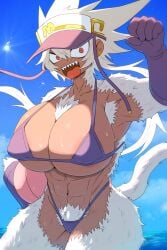 abs accessory areola areola_slip big_breasts bikini bodily_fluids breasts cleavage clothed clothing dark_body dark_skin ear_piercing female fur g_tsurimasu hair haplorhine hat headgear headwear hi_res huge_breasts mammal monkey monkey_girl muscular muscular_female open_mouth piercing primate pubes red_eyes smile sweat swimwear tail two-piece_swimsuit under_boob visor_cap white_body white_fur white_hair