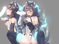 absurdres animal_ear_fluff animal_ears babydoll bare_shoulders black_babydoll black_dress black_hair black_thighhighs blush breasts cat_ears cat_girl censored cleavage craig_(2980ct) cum cum_on_hair cum_on_hands detached_sleeves dress facial female female_masturbation fingerless_gloves glove_ribbon gloves glowing glowing_penis green_eyes handjob headband highres karyl_(overload)_(princess_connect!) karyl_(princess_connect!) kneehighs long_hair low_twintails masturbation medium_breasts multicolored_hair multiple_views nipples open_mouth penis princess_connect! pussy pussy_juice socks spread_legs strap streaked_hair thighhighs tongue tongue_out topless twintails very_long_hair wavy_mouth white_gloves white_streaks