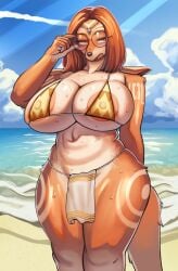 1girls beach bikini embarrassed furry huge_breasts short_hair sindoll solo_female tagme thick_thighs