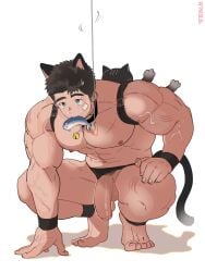 1boy abs bait balls bandaid bara barazoku barely_clothed bell black_hair blue_eyes bracelet bracelets cat_collar cat_ears cat_tail cute feline fish flaccid flaccid_penis genitals himbo kemonomimi looking_up male male_focus male_only muscular muscular_male nervous nipples pecs pubic_hair scar scratches solo solo_male squatting sweat tail ten_g89 tenji_(ten_g89) uncut underwear