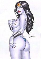 1girls 2024 amazon artist_signature ass big_ass black_hair blue_eyes blue_panties carlos_braga covering_breasts dc dc_comics deviantart_link diana_prince ed_benes_studio female heroine justice_league large_ass large_breasts panties_only red_lipstick red_nails solo solo_female superheroine tiara topless watermark white_background wonder_woman wonder_woman_(series)