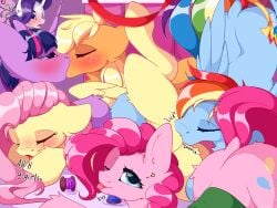 4:3 absurd_res applejack_(mlp) blue_body blue_eyes blush chura_chu cunnilingus equid equine female female/female fluttershy_(mlp) friendship_is_magic group group_sex hasbro hi_res horn horse kissing mammal my_little_pony mythological_creature mythological_equine mythology one_eye_closed oral orgy pegasus pinkie_pie_(mlp) pony rainbow_dash_(mlp) rarity_(mlp) sex tongue tongue_out twilight_sparkle_(mlp) unicorn vaginal_penetration wings