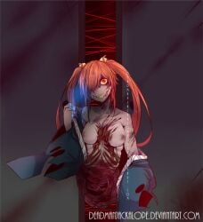 1girls 2016 akari_oborodzuka areolae artist_name artist_signature blood blood_on_body blood_on_breasts blood_on_chest blood_on_face blue_kimono bones breasts constricted_pupils deadmanjackalope deviantart_link disembowelment evil_smile grin guro hair_bell hatsune_miku intestines japanese_clothes kimono kimono_down kimono_removed masa_works_design mv_character nipples oni_to_kitsune_no_hanashi onigumo_to_kitsune_no_shishi_to_(vocaloid) organs red_eyes red_hair sash sharp_teeth signature solo twintails undressing vocaloid white_sash yellow_teeth