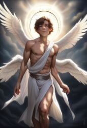 1boy 2024 ai_generated angel angel_wings athletic_male avaru brown_hair closed_eyes cloud dark_hair freckles halo human human_only male male_focus male_only muscular muscular_male skinny toga wings