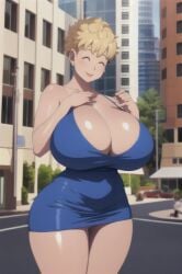 ai_generated big_breasts blonde_hair blue boobs_bigger_than_your_head breasts bythebrokenone cleavage dragon_ball dress huge_boobs mature_woman milf mother panchy panchy_(dragon_ball) panchy_briefs thick_thighs