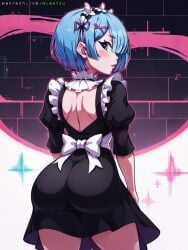 ai_generated ass ass_focus blue_eyes blue_hair from_behind gigatsu looking_back maid maid_headdress maid_uniform rem_(re:zero)