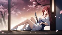 1girls ai_generated breasts brown_eyes cherry_blossom cleavage collarbone earrings erza_scarlet fairy_tail falling_petals full_body hair_over_one_eye half-closed_eyes high_heels holding holding_sword japanese_clothes katana kimono large_breasts long_hair looking_at_viewer obi outdoors parted_lips ponytail red_hair sidelocks sitting smile snazzdaz snazzle solo solo_focus stable_diffusion wallpaper watermark