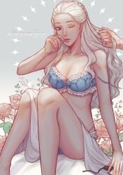 1girls a_song_of_ice_and_fire beautiful blue_underwear bra breasts flower flowers game_of_thrones hand_holding_hair helaena_targaryen house_of_the_dragon house_targaryen jesa long_hair on_bed one_eye_closed purple_eyes rose_(flower) royalty sister tagme targaryen white_hair