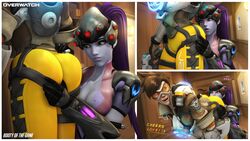 2girls 3d ass ass_grab banskinator bodysuit breasts brown_hair chronal_accelerator cleavage female female_only harness human overwatch purple_hair source_filmmaker tracer urbanator widowmaker yuri