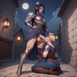 1futa 1girls ahe_gao ai_generated armored_female baldur's_gate_3 big_ass big_penis black_hair blonde_hair_female blowjob blowjob_face cum_in_mouth eogard_orc erect_penis erection futa_sans_pussy futanari huge_cock medieval_fantasy moon night orgasm_face shadowheart street