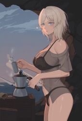 1girls blue_eyes clothing coffee faust_(limbus_company) female limbus_company project_moon short_hair standing underwear white_hair